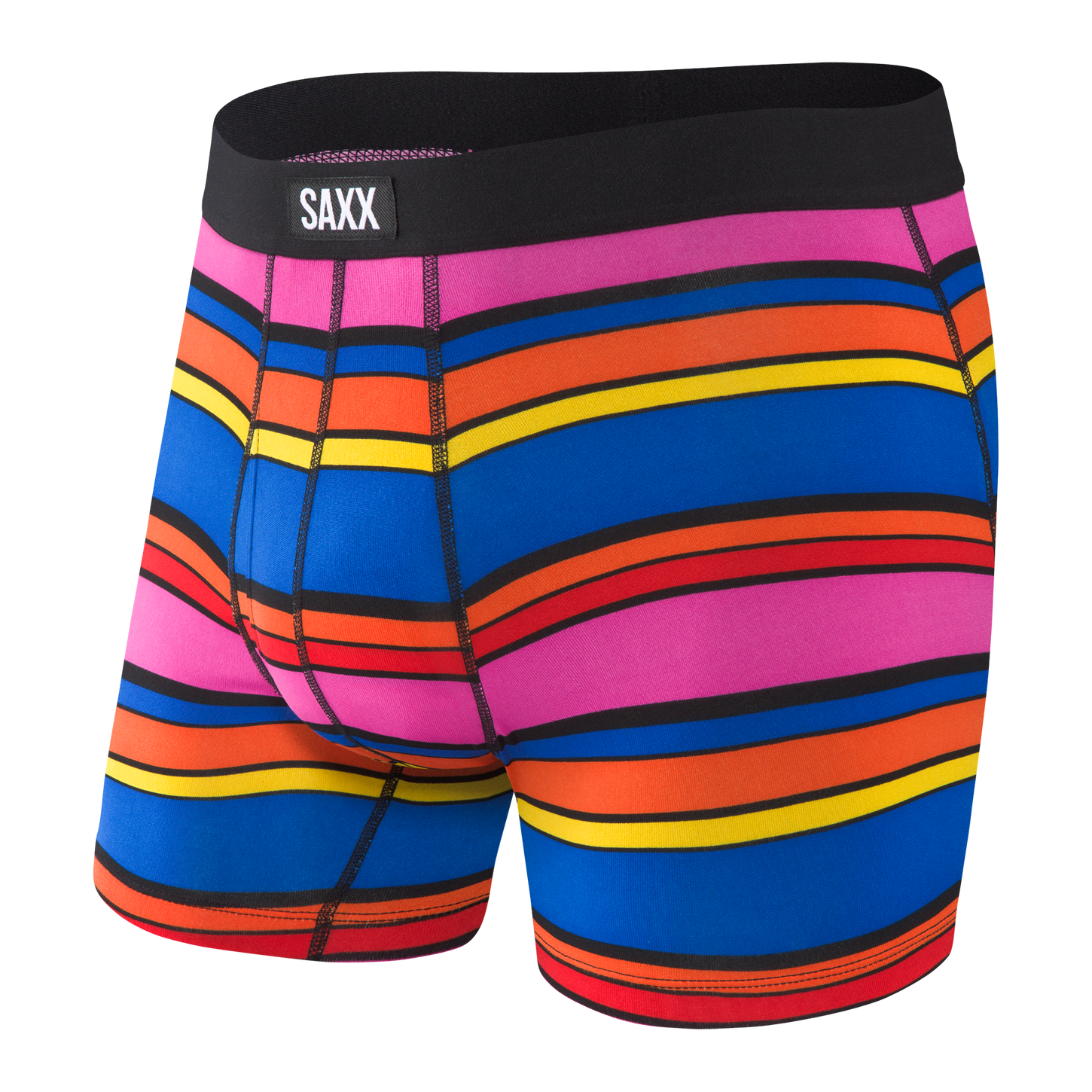 A pair of boxer briefs from SAXX with bright red, orange, blue, and yellow horizontal stripes and a black waistband with the brand name emblazoned on the center front