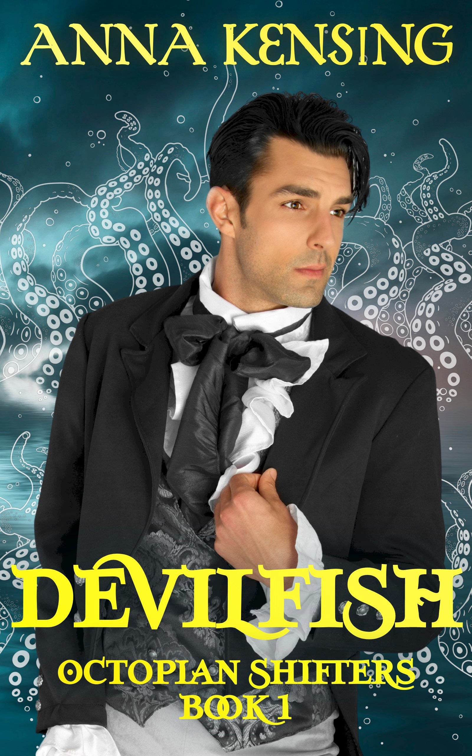 Cover of Devilfish with handsome Victorian man, book title, and author name